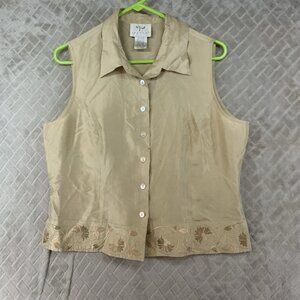 Vision Apparel Womens L Vest Tan Brown Silk Floral Embroidered Button Front